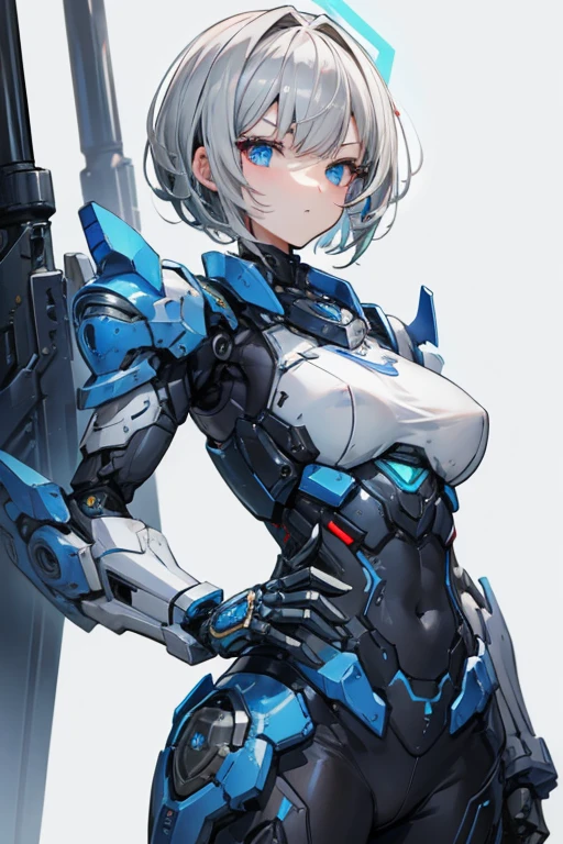 Female Android　Girl　masterpiece　Gray Hair　short　Blue armor　high school girl　Mechanical Combatant　Upper Body　He is holding a large gun in his right hand.