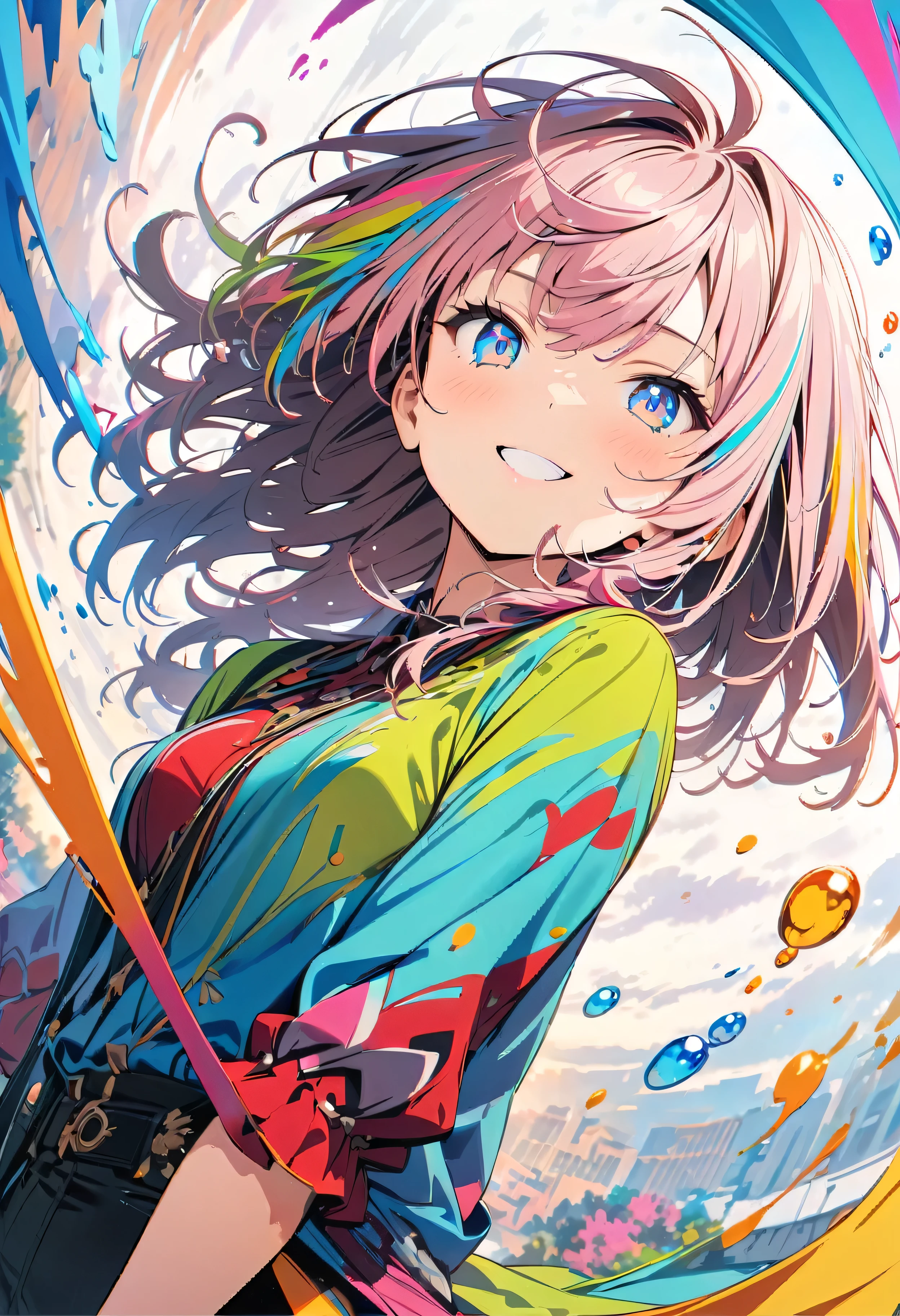 (masterpiece, Highest quality, Official Art:1.2), (colorful), Perfect Anatomy, Looking at the audience, One Girl, alone, White Background, floating colorful water, Ultra-fine illustrations, highly detailed, Dynamic Angle, beautiful detailed, 8K, break smiling amidst the colorful scenes, (Highest quality, masterpiece, High resolution, detailed), Anime Style, (Shining Eyes, detailed美しい顔), break,Dynamic Angle, Whole body shot, pastel colour