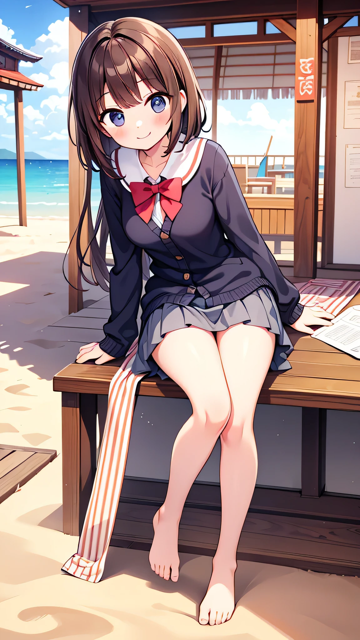 {Highest quality], [Super beautiful], [Ultra fine], [Best illustration], NSFW,Brown Hair, Hime cut,Bangs,girl,,uniform,knit cardigan,Short sleeve,skirt,smile, blush, Slender women,On the beach,Summer festival,diagonal, barefoot,Strike a Pose