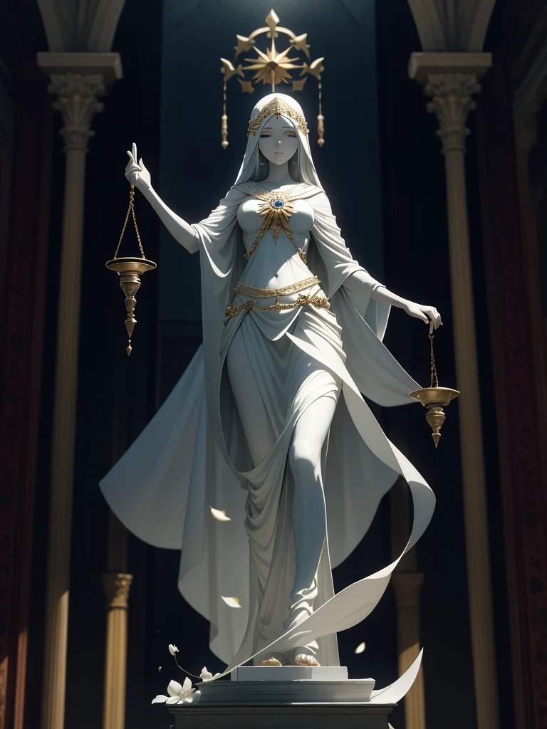 Imagine Themis as a regal figure of divine grace and wisdom, standing tall with a serene expression. Her eyes, hidden behind a white blindfold, signify impartiality and unbiased judgment. She wears a flowing gown that billows softly around her, symbolizing her connection to the heavens and the ethereal realm of justice. In one hand, she holds a perfectly balancing scale, delicately measuring the weight of evidence and truth. In her other hand, she gently grasps a sword, representing her authority to enforce justice and maintain order. Her presence exudes a sense of solemnity and solemn grace, embodying the timeless principles of fairness and righteousness.