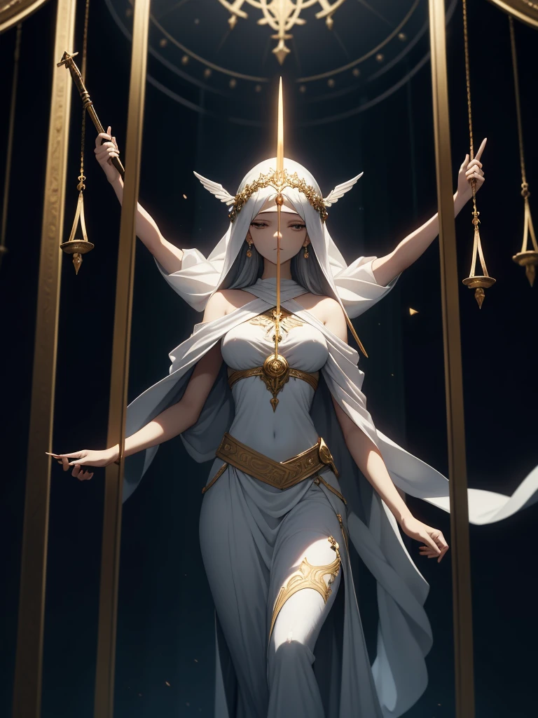 Imagine Themis as a regal figure of divine grace and wisdom, standing tall with a serene expression. Her eyes, hidden behind a white blindfold, signify impartiality and unbiased judgment. She wears a flowing gown that billows softly around her, symbolizing her connection to the heavens and the ethereal realm of justice. In one hand, she holds a perfectly balancing scale, delicately measuring the weight of evidence and truth. In her other hand, she gently grasps a sword, representing her authority to enforce justice and maintain order. Her presence exudes a sense of solemnity and solemn grace, embodying the timeless principles of fairness and righteousness.