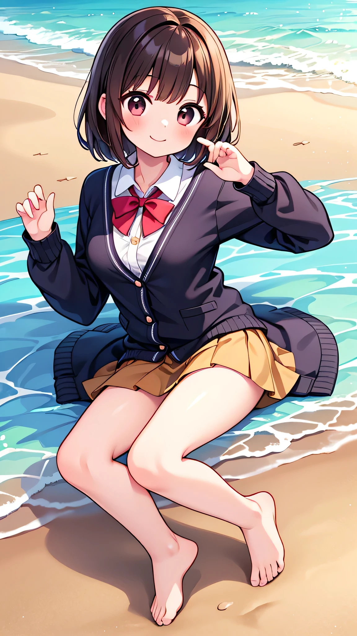 {Highest quality], [Super beautiful], [Ultra fine], [Best illustration], NSFW,Brown Hair, Hime cut,Bangs,girl,,uniform,knit cardigan,Short sleeve,skirt,smile, blush, Slender women,On the beach,Summer festival,diagonal, barefoot,Strike a Pose