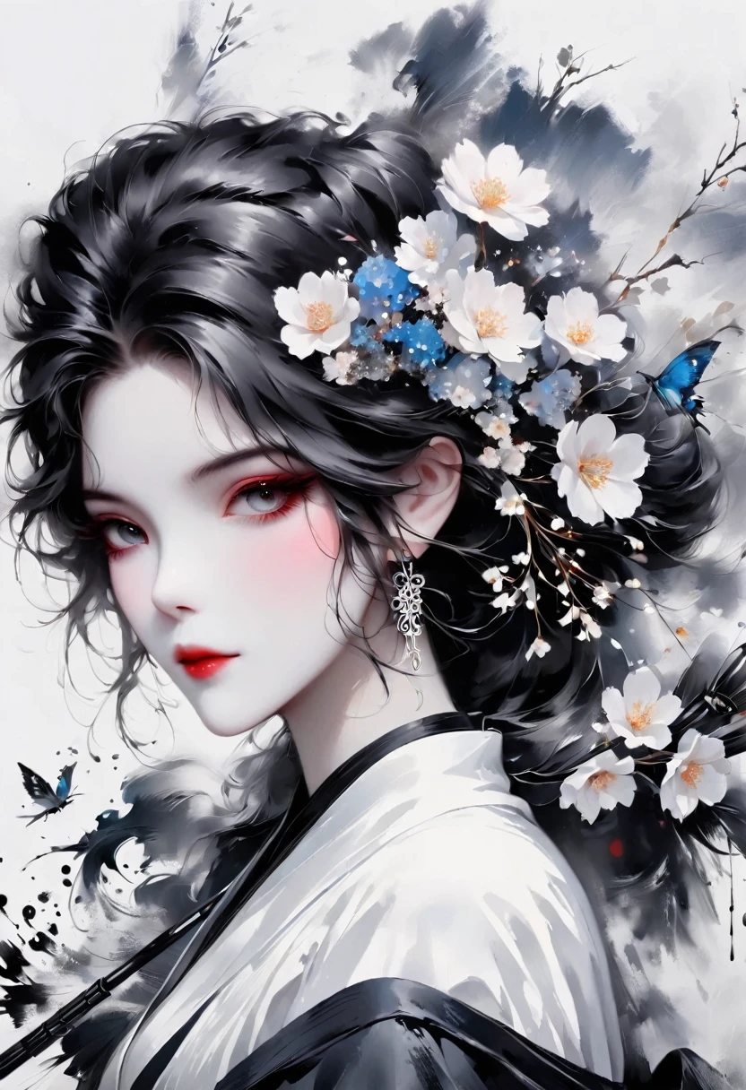 (Lots of white space:1.5),(Lots of white space around:1.6), White background, simple, Minimalism, abstract,Freehand,Aesthetic,black and white,Ink Painting,antiquity,Umbrella,Falling Flowers,一幅abstract的艺术插图, author:Li Song, Arte no estilo de Guweiz, arte shin jinyoung, Obra-prima de Guweiz, Ross chart 1. 0, Beautiful digital illustrations, Inspired by non-WLOP, simple數位藝術, jingna zhang, Guweiz, Stunning digital illustrations
