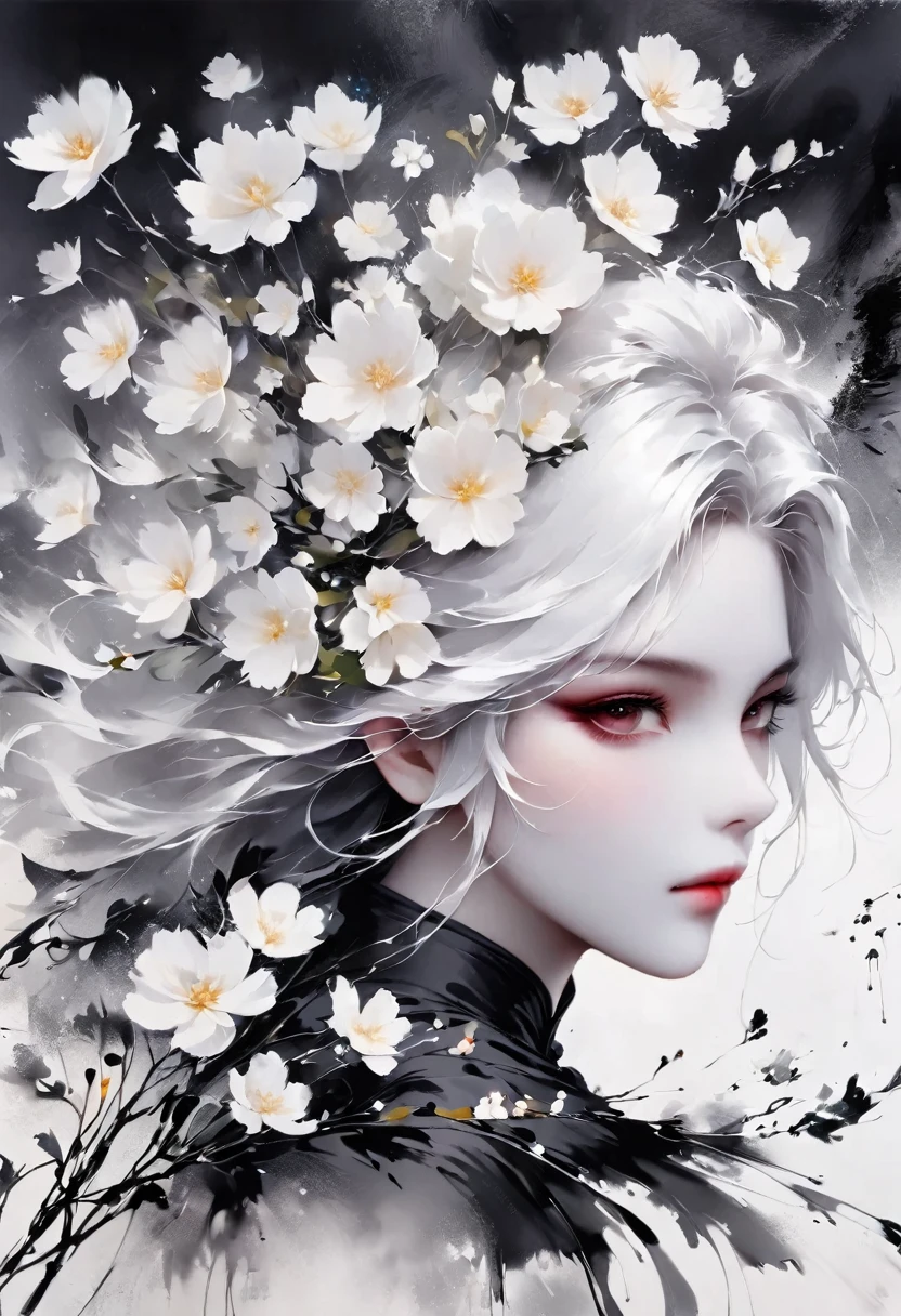(Lots of white space:1.5)，(Lots of white space around:1.6), White background, simple, Minimalism, abstract,Freehand，Aesthetic，black and white，Ink Painting，antiquity，Umbrella，Falling Flowers，一幅abstract的艺术插图, author：Li Song, Arte no estilo de Guweiz, arte shin jinyoung, Obra-prima de Guweiz, Ross chart 1. 0, Beautiful digital illustrations, Inspired by non-WLOP, simple數位藝術, jingna zhang, Guweiz, Stunning digital illustrations