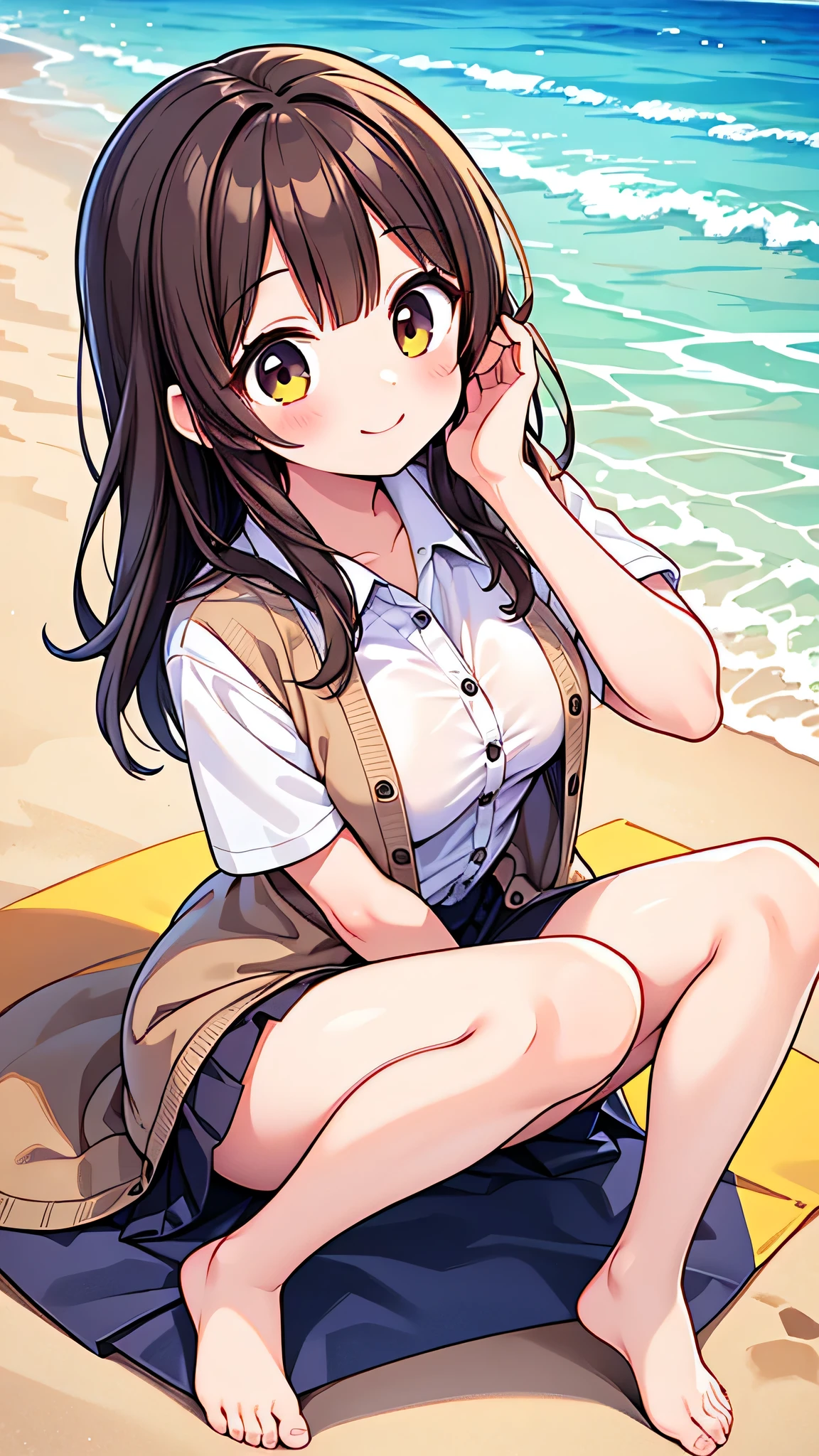 {Highest quality], [Super beautiful], [Ultra fine], [Best illustration], NSFW,Brown Hair, Hime cut,Bangs,girl,,uniform,knit cardigan,Short sleeve,skirt,smile, blush, Slender women,On the beach,Summer festival,diagonal, barefoot,Strike a Pose