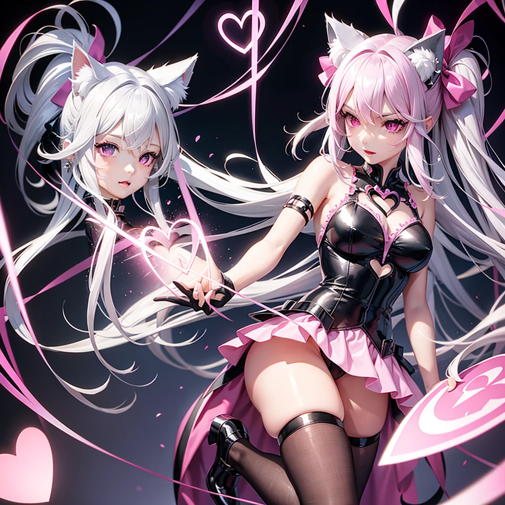 Silver hair, pink eyes, body, cat ears, sexy girl, earrings, heart background fantasy, hot pink dress uniform, hair bows