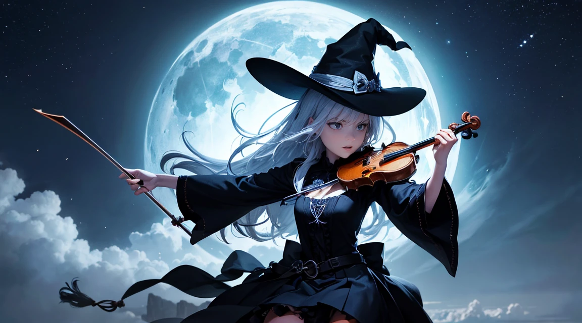 Generate a high-definition image of a witch riding a broomstick. The background is a windy night sky, and the witch is holding a Jack-o'-lantern. The witch is dressed in a black dress and a pointed hat, with her hair flowing in the wind. The witch should be playing a violin. The witch should be anatomically accurate and detailed. The overall atmosphere should be fantastical and magical.