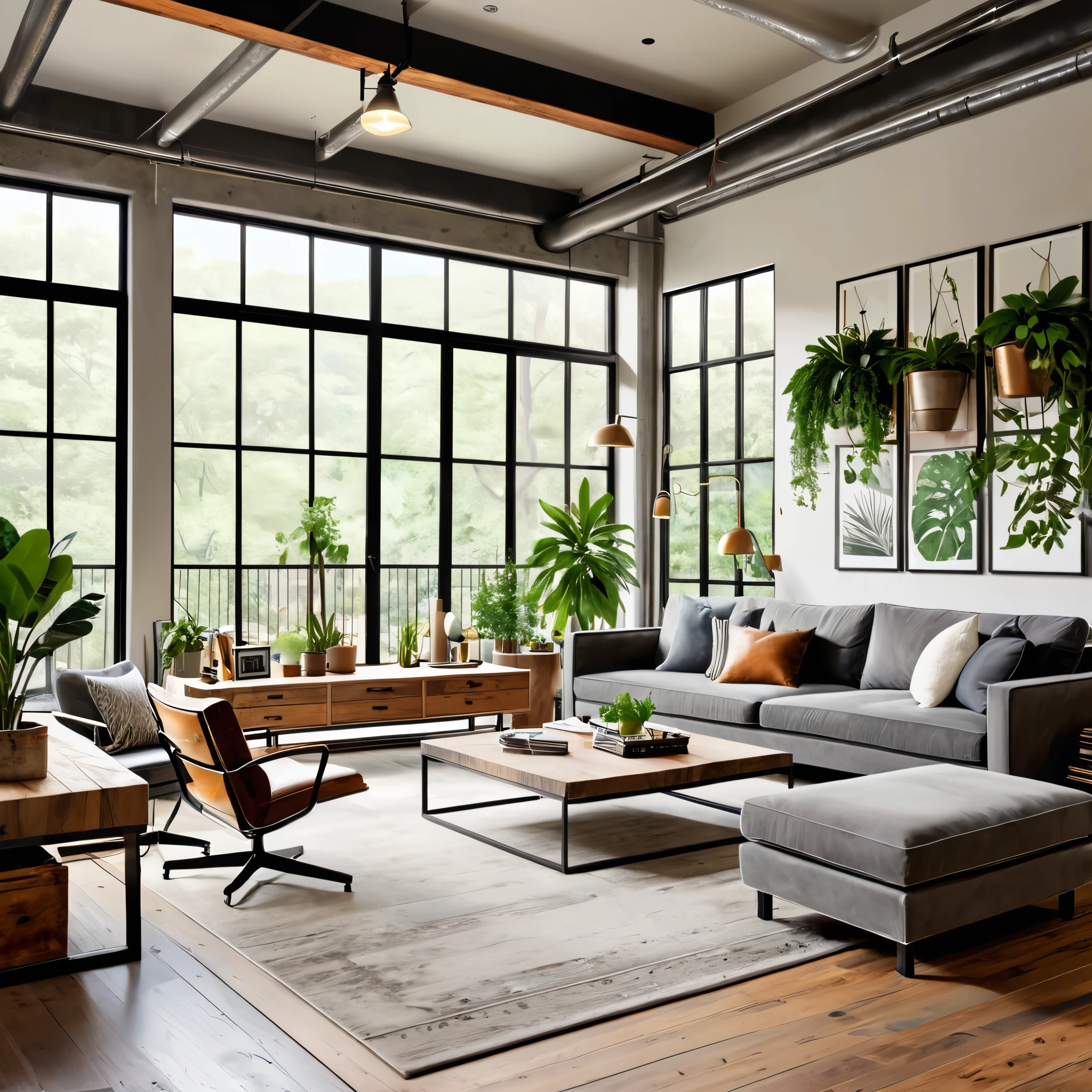 Design a modern and industrial open-plan living space featuring large windows with abundant natural light, exposed ductwork, and a mix of contemporary and rustic elements. The room includes a comfortable gray sofa, a stylish coffee table, and a workspace with a wooden desk and laptop. Add a variety of indoor plants, including tall potted plants and hanging greenery, to bring a touch of nature indoors. The space should have a warm and inviting atmosphere with eclectic decor and artistic touches, such as framed posters and unique lighting fixtures. Ensure the flooring is a blend of polished concrete and warm wood accents.