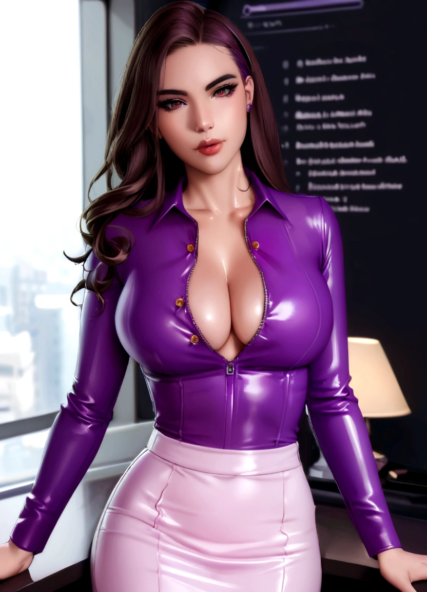 a close up of a woman in a purple látex shirt and skirt, tapa morada, látex shiny, vestida de morado, látex outfits, wearing látex, cuerpo morado, látex dress, traje morado, very traje sexy, látex domme, futuristic glossy látex suit, intricate látex set, ángel blanco, látex, superficie brillante, traje sexy, látex skin, camiseta violeta ajustada