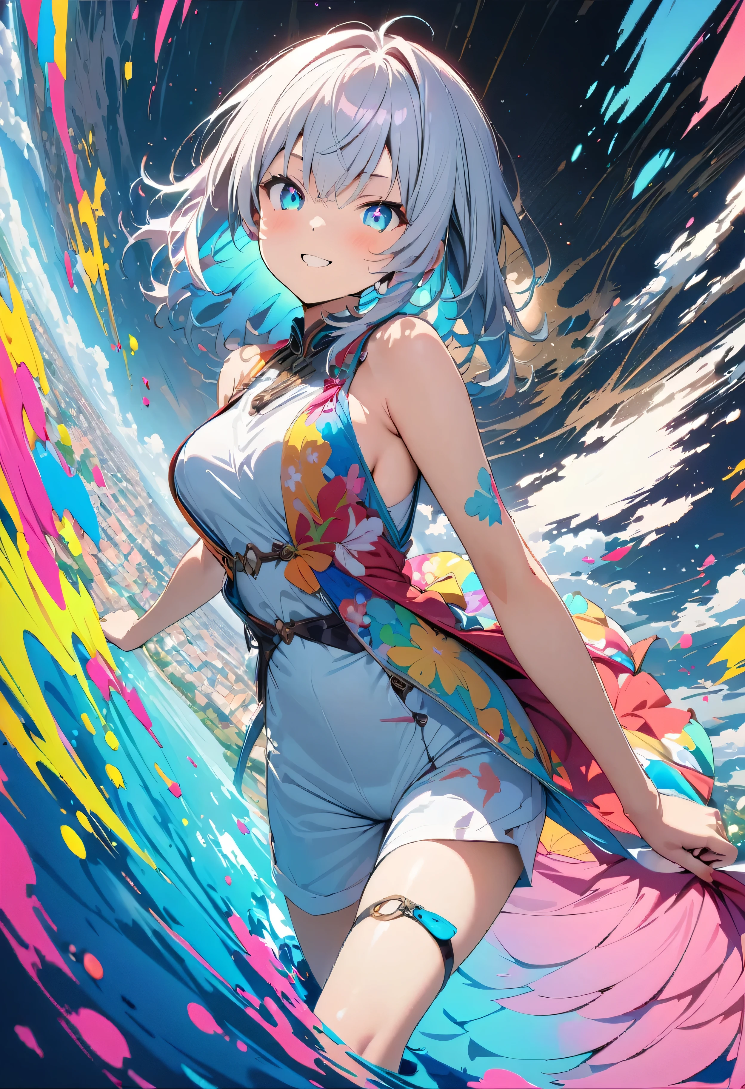 (masterpiece, Highest quality, Official Art:1.2), (colorful), Perfect Anatomy, Looking at the audience, One Girl, alone, White Background, floating colorful water, Ultra-fine illustrations, highly detailed, Dynamic Angle, beautiful detailed, 8K, break smiling amidst the colorful scenes, (Highest quality, masterpiece, High resolution, detailed), Anime Style, (Shining Eyes, detailed美しい顔), break,Dynamic Angle, Whole body shot, pastel colour