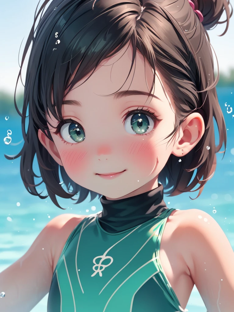 Highest quality、High resolution、Detailed Background、(Beautiful face in every detail:1.4)、Anatomically correct、(Detailed facial expressions)、(fine grain:1.2)、Teenage Beauty、Cute hair color、Braided bob cut、One girl, ((Primary school students)), Junior competitive swimmer, ((Turtleneck one piece swimsuit)), Simple design without patterns, Clear metallic green swimsuit, Small breasts、Perfect body line、 Portrait, ((Chest close up)), View your viewers, Outdoor swimming pool, From the side, Partially submerged, Wet Skin, A quiet smile with closed mouth, (armpit), Hands do not hold anything