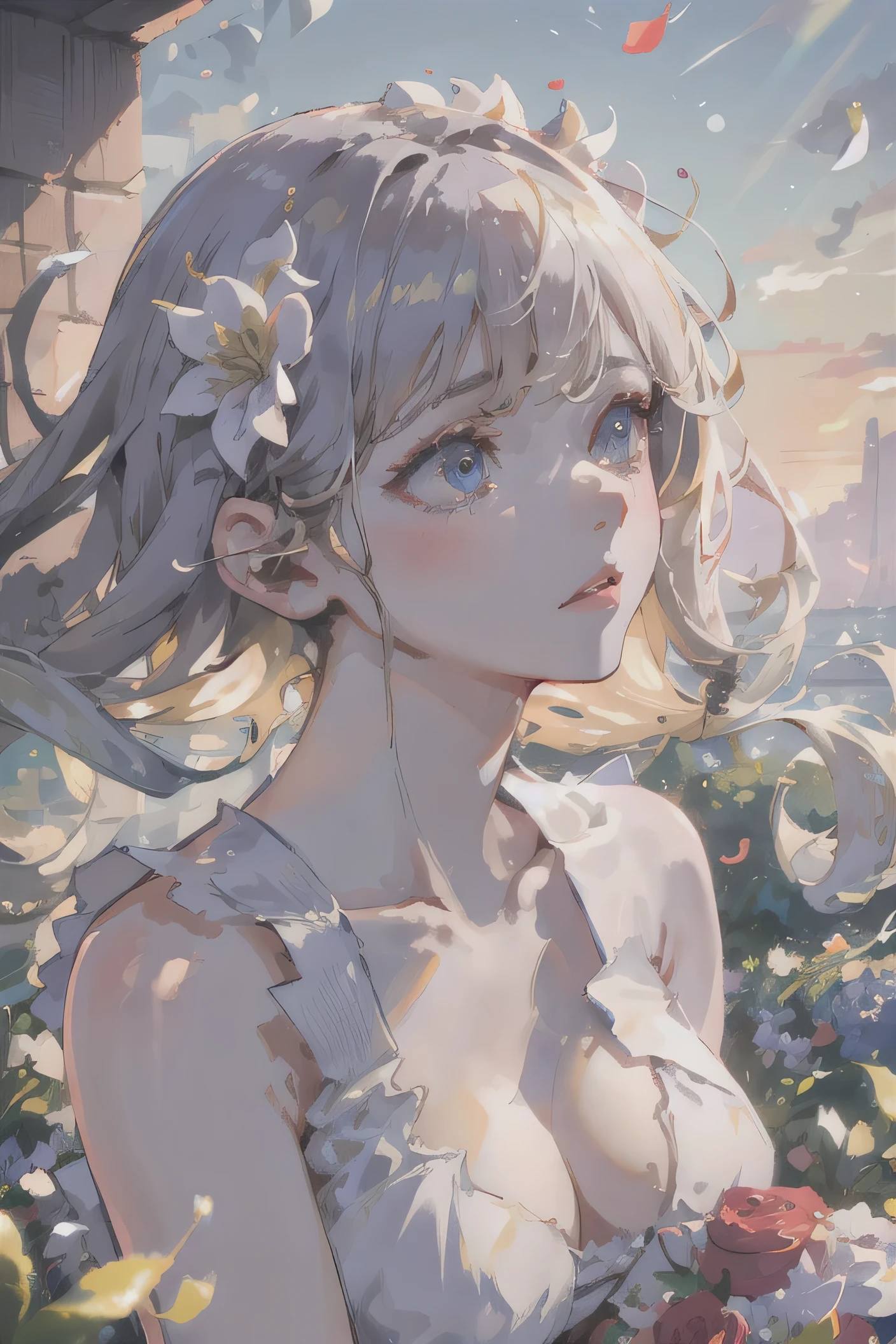 one cute girl, holding a bouquet of flowers, lakeside, (lens flare:1.4), (wind:1.4), beautiful detailed eyes, beautiful detailed lips, extremely detailed eyes and face, long eyelashes, elegant, serene expression, soft natural lighting, golden hour lighting, warm color palette, cinematic composition, highly detailed, photorealistic, 8k, best quality, masterpiece