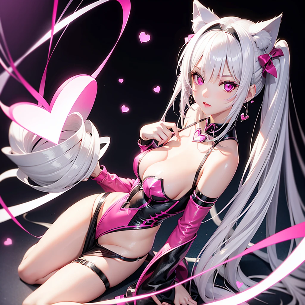 Silver hair, pink eyes, body, cat ears, sexy girl, earrings, heart background fantasy, hot pink dress uniform, hair bows
