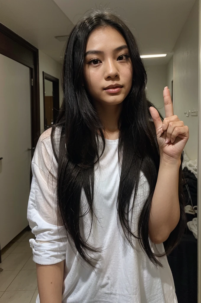 A photo of a Filipina woman with long black hair doing the number five hand gesture, her face is facing forward and she has no makeup on her face.