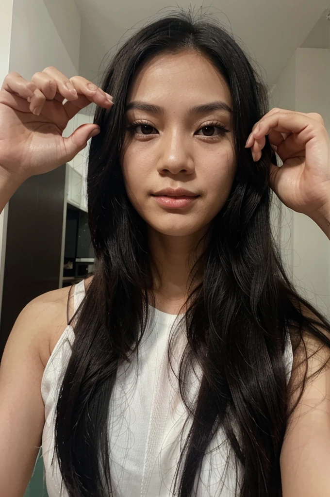 A photo of a Filipina woman with long black hair doing the number five hand gesture, her face is facing forward and she has no makeup on her face.