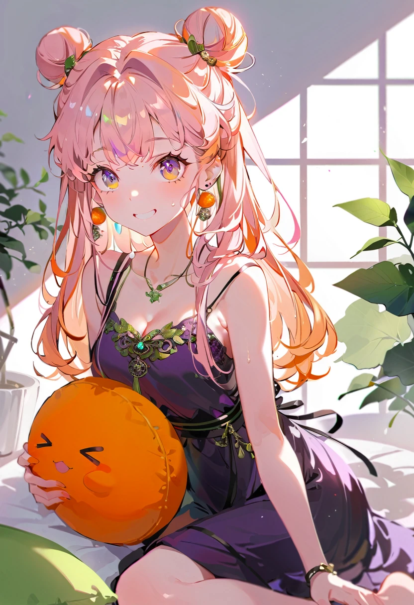 Purple hair girl painting、Glass mandarin orange earrings decorate both ears、Eye color: Ocean pink purple、Space Eyes、((Poolside))、(((Giant orange shaped cushion)))、((Hugging on a cushion))、 long hair、Bun Hair、Cool and complicated, Hand holding sliced orange, A very happy expression with plenty of orange juice、((The syringe contains orange juice))、Very embarrassed、The best smile、Open your mouth wide、Grin、目はclose、((Purple and black dress))、((Syringe Shoulder Bag)), Fun and lively characters, close( Perfect Anatomy )、Beautiful, translucent white skin、A purple dress slightly damp with sweat、Underwear is visible、quality\(8K,非常に精細なCGユニットのwallpaper, masterpiece,High resolution,top-quality,top-quality real texture skin,Super two-dimensional,Increase the resolution,RAW Photos,最高quality,Very detailed,wallpaper,Ray-tracing,Golden Ratio\),[Browsing Caution]、White and orange theme、Everything is orange except for the outfit, hairstyle, and eye color.、barefoot