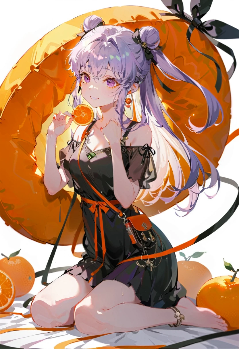 Purple hair girl painting、Glass mandarin orange earrings decorate both ears、Eye color: Ocean pink purple、Space Eyes、((Poolside))、(((Giant orange shaped cushion)))、((Hugging on a cushion))、 long hair、Bun Hair、Cool and complicated, Hand holding sliced orange, A very happy expression with plenty of orange juice、((The syringe contains orange juice))、Very embarrassed、The best smile、Open your mouth wide、Grin、目はclose、((Purple and black dress))、((Syringe Shoulder Bag)), Fun and lively characters, close( Perfect Anatomy )、Beautiful, translucent white skin、A purple dress slightly damp with sweat、Underwear is visible、quality\(8K,非常に精細なCGユニットのwallpaper, masterpiece,High resolution,top-quality,top-quality real texture skin,Super two-dimensional,Increase the resolution,RAW Photos,最高quality,Very detailed,wallpaper,Ray-tracing,Golden Ratio\),[Browsing Caution]、White and orange theme、Everything is orange except for the outfit, hairstyle, and eye color.、barefoot