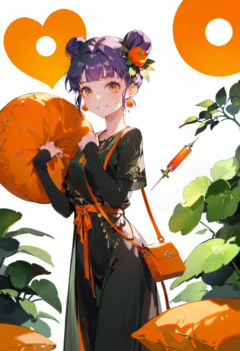 Purple hair girl painting、Glass mandarin orange earrings decorate both ears、Eye color: Ocean pink purple、Space Eyes、((Poolside))、(((Giant orange shaped cushion)))、((Hugging on a cushion))、 long hair、Bun Hair、Cool and complicated, Hand holding sliced orange, A very happy expression with plenty of orange juice、((The syringe contains orange juice))、Very embarrassed、The best smile、Open your mouth wide、Grin、目はclose、((Purple and black dress))、((Syringe Shoulder Bag)), Fun and lively characters, close( Perfect Anatomy )、Beautiful, translucent white skin、A purple dress slightly damp with sweat、Underwear is visible、quality\(8K,非常に精細なCGユニットのwallpaper, masterpiece,High resolution,top-quality,top-quality real texture skin,Super two-dimensional,Increase the resolution,RAW Photos,最高quality,Very detailed,wallpaper,Ray-tracing,Golden Ratio\),[Browsing Caution]、White and orange theme、Everything is orange except for the outfit, hairstyle, and eye color.、barefoot