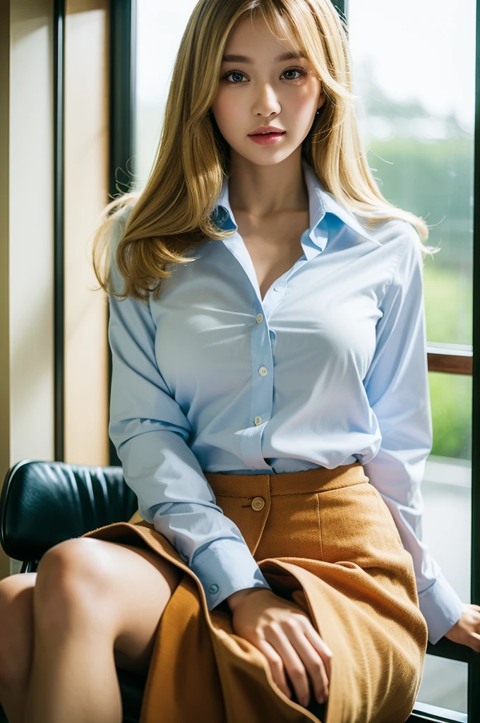 25-year-old Caucasian woman、blonde、blue eyes、long hair、I use a hair band to tie my hair together、smile、accessories on the wrist、Slender but well-proportioned muscular body、smile、big chest、Wearing a cardigan、wearing a loose skirt、I'm sitting relaxing on the sofa by the window in the living room.、smile、wears blue frame glasses、Reading a book