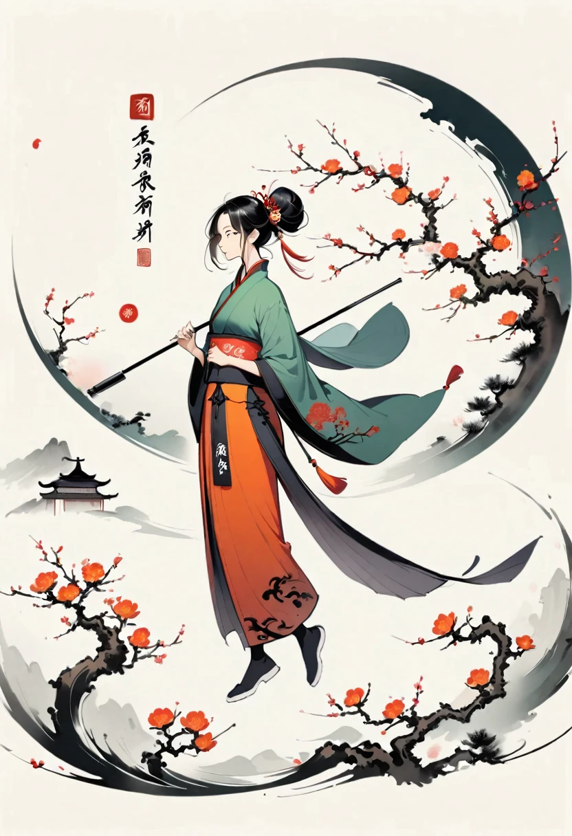 Bada Shanren style,Chinese Ink Painting,Simple style,is capitalized,Very simple pictures,Falling Flowers,Umbrella,