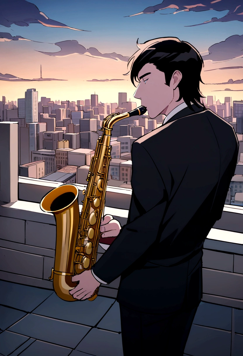 Photo of a character playing the saxophone on a rooftop overlooking a bustling city,original,He is Rick Astley, male