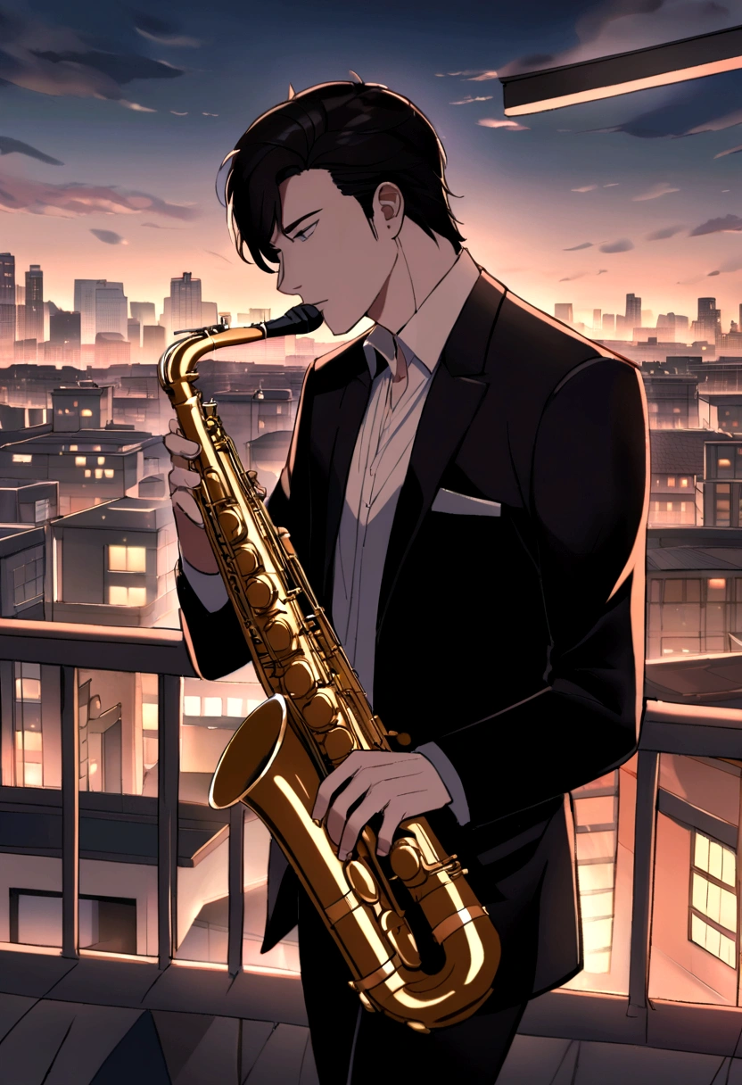 Photo of a character playing the saxophone on a rooftop overlooking a bustling city,original,He is Rick Astley, male