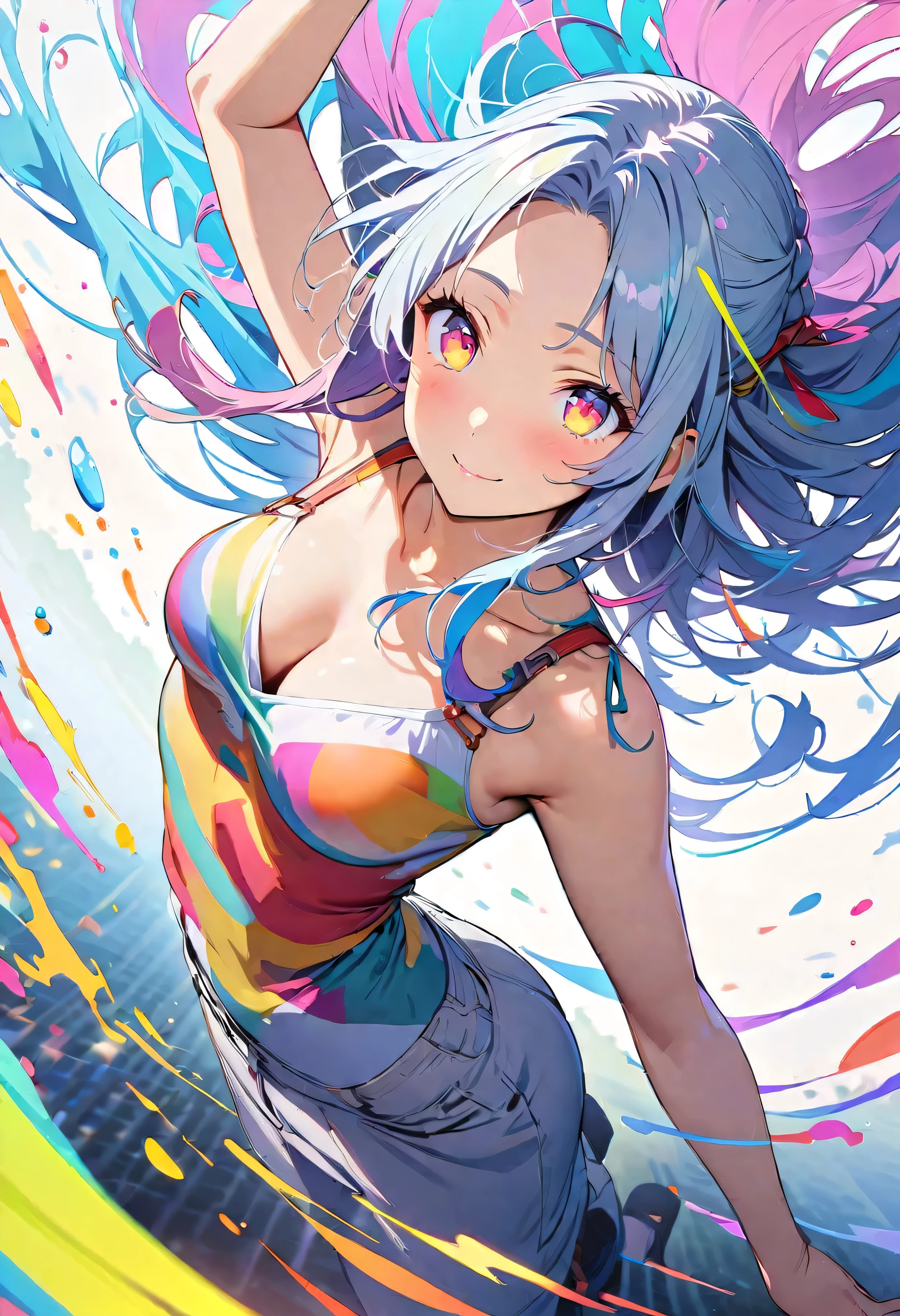 (masterpiece, Highest quality, Official Art:1.2), (colorful), Perfect Anatomy, Looking at the audience, One Girl, alone, White Background, floating colorful water, Ultra-fine illustrations, highly detailed, Dynamic Angle, beautiful detailed, 8K, break smiling amidst the colorful scenes, (Highest quality, masterpiece, High resolution, detailed), Anime Style, (Shining Eyes, detailed美しい顔), break,Dynamic Angle, Whole body shot, pastel colour