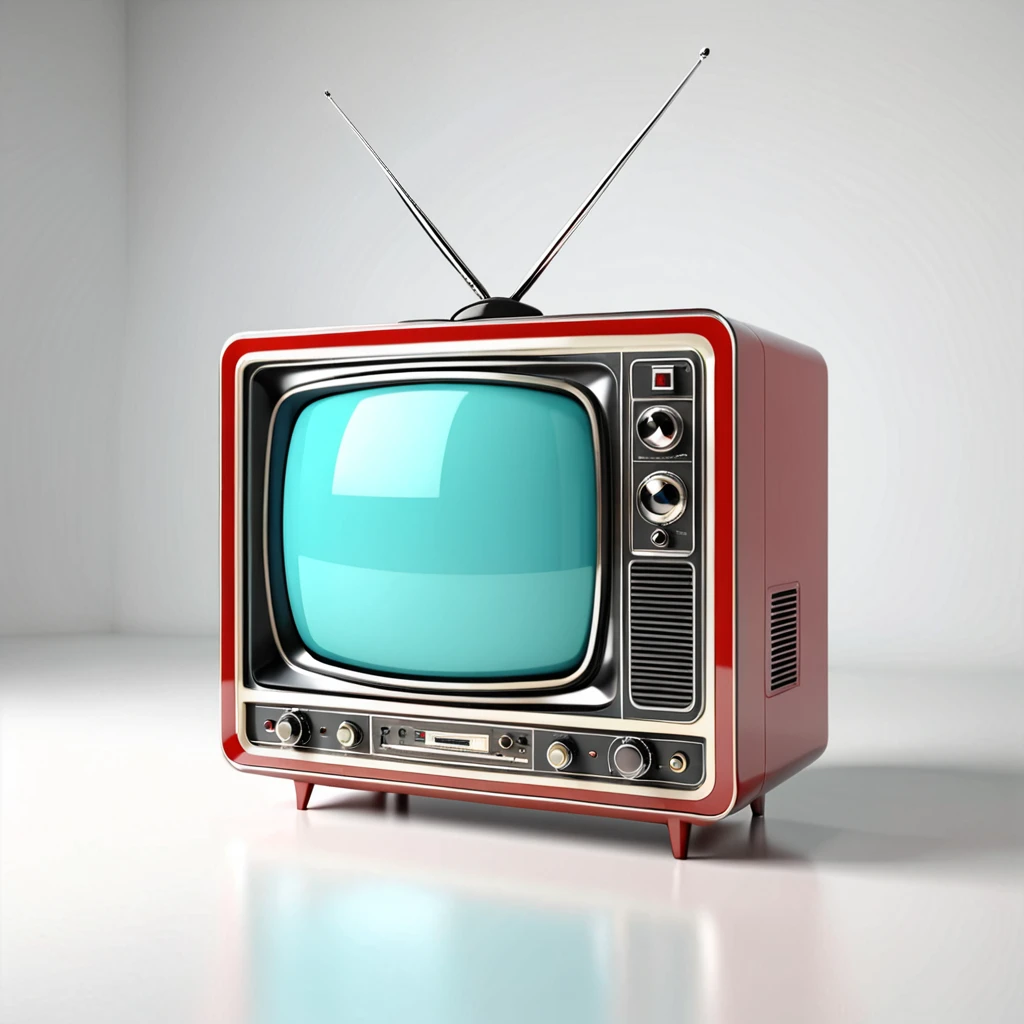 retro tv station, on white background, high-angle photo, soft light, 3d render, wide angle shooting, raw