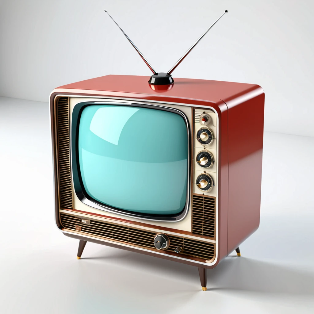 retro tv station, on white background, high-angle photo, soft light, 3d render, wide angle shooting, raw