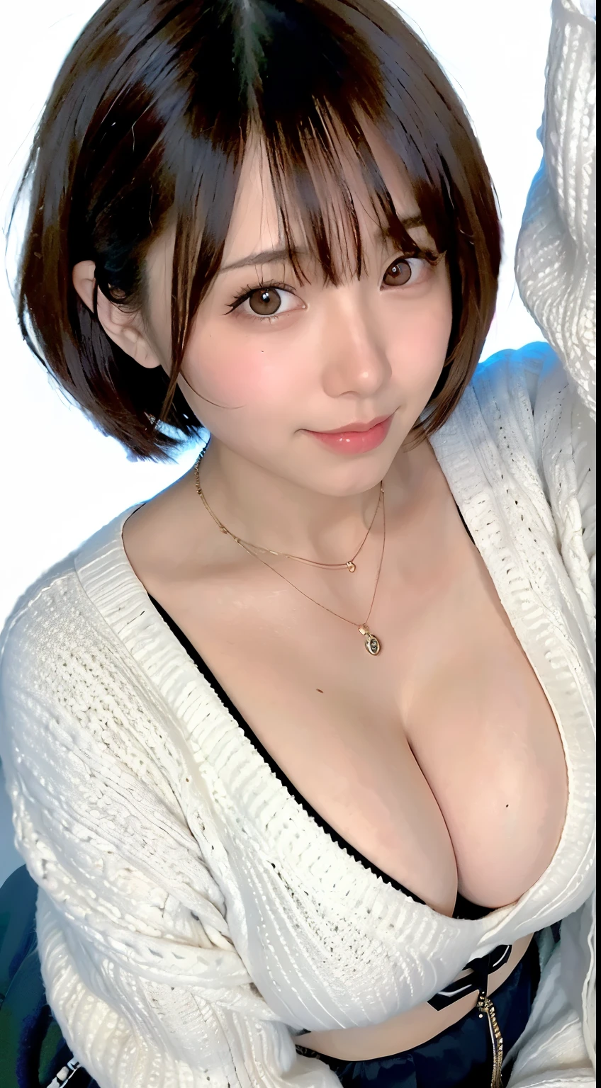 (Highest quality、8K、32k、masterpiece、Hmph:1.2)、Cute Japanese Women Photos、Huge boobs:1.4、Very short bob hair、Upper body、Face Focus、Extra Large_sweater、necklace、Simple Background、From above、Looking at the audience、Cleavage:1.5、Balanced body