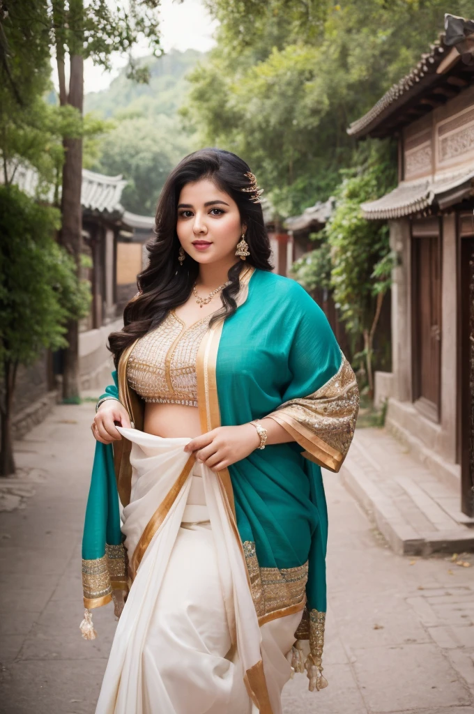 1 Heavenly beautiful and goddess beauty cute and sweet looking face Arabian female in front of Ciqikou Ancient Town, China, Heavenly beautiful Overweight, Heavenly beautiful Extremely fat, Heavenly beautiful and attractive Chubby figure , Heavenly beautiful looking and eye catching luxury style Kanjeevaram Saree , reaching out, Heavenly beautiful Arabian woman, 16k, High resolution, masterpiece, highest quality, fine skin, outside view, Realistic Photograph