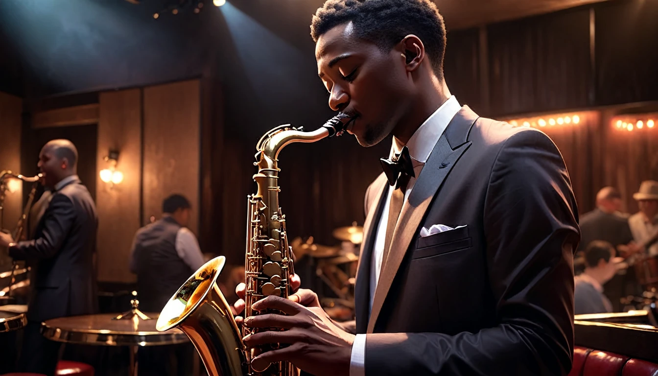 Intimate jazz club atmosphere, Dark and Smoky, A saxophonist gives the best performance of his life, Very intricate detail, Award-winning art, Ray Tracing, Sharp focus, 8K, High resolution, masterpiece, Professional, Very detailed, Perfect hands