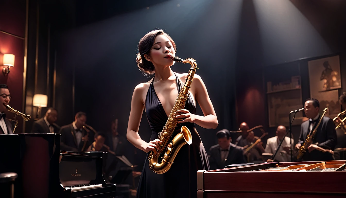 Intimate jazz club atmosphere, Dark and Smoky, A saxophonist gives the best performance of his life, Very intricate detail, Award-winning art, Ray Tracing, Sharp focus, 8K, High resolution, masterpiece, Professional, Very detailed, Perfect hands