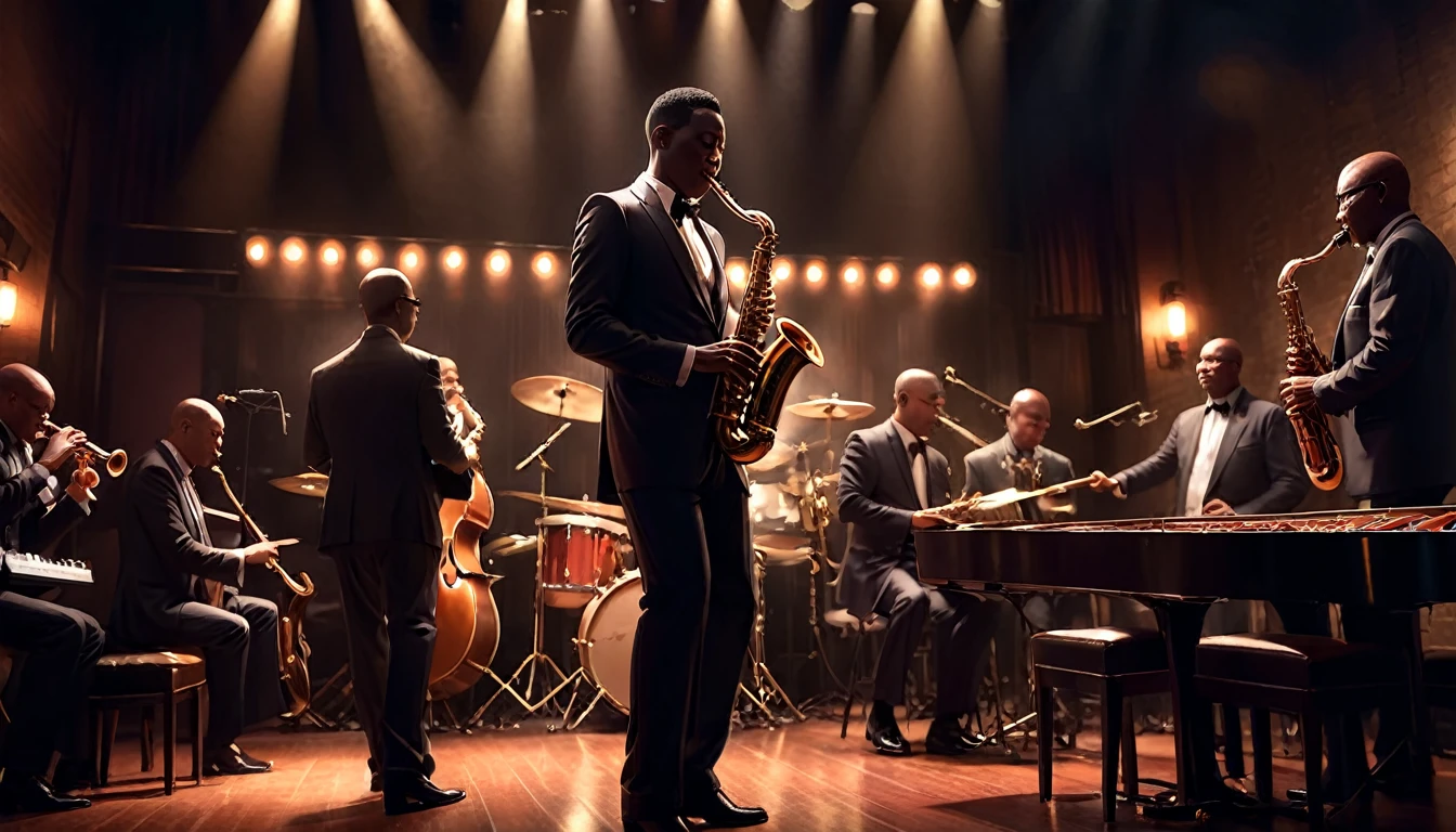 Intimate jazz club atmosphere, Dark and Smoky, A saxophonist gives the best performance of his life, Very intricate detail, Award-winning art, Ray Tracing, Sharp focus, 8K, High resolution, masterpiece, Professional, Very detailed, Perfect hands