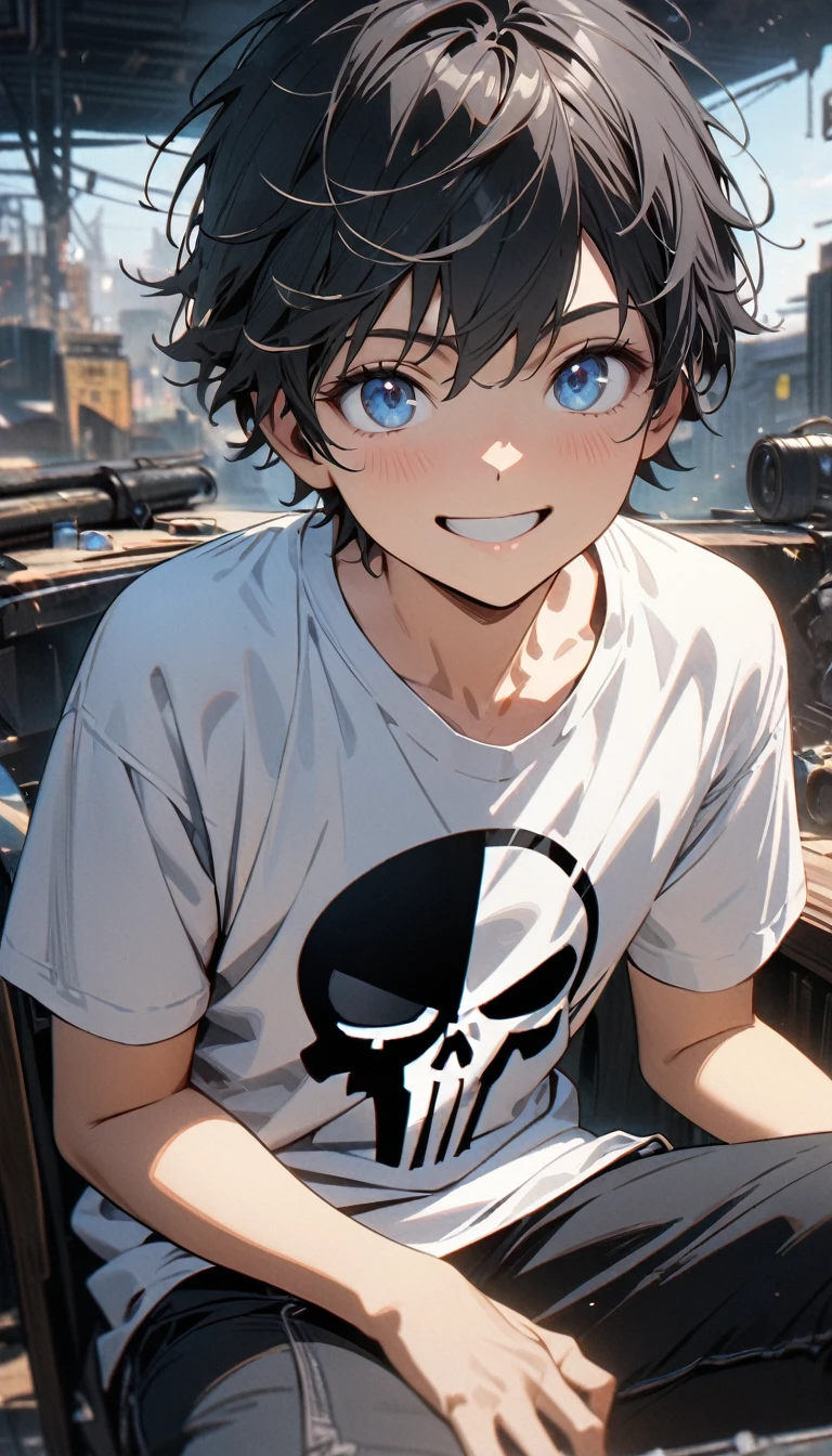 , short black hair, blue eyes, white T-shirt, the Punisher logo, smile, pants, Masterpiece, best quality, Full HD, 8k, ultra details, great graphic