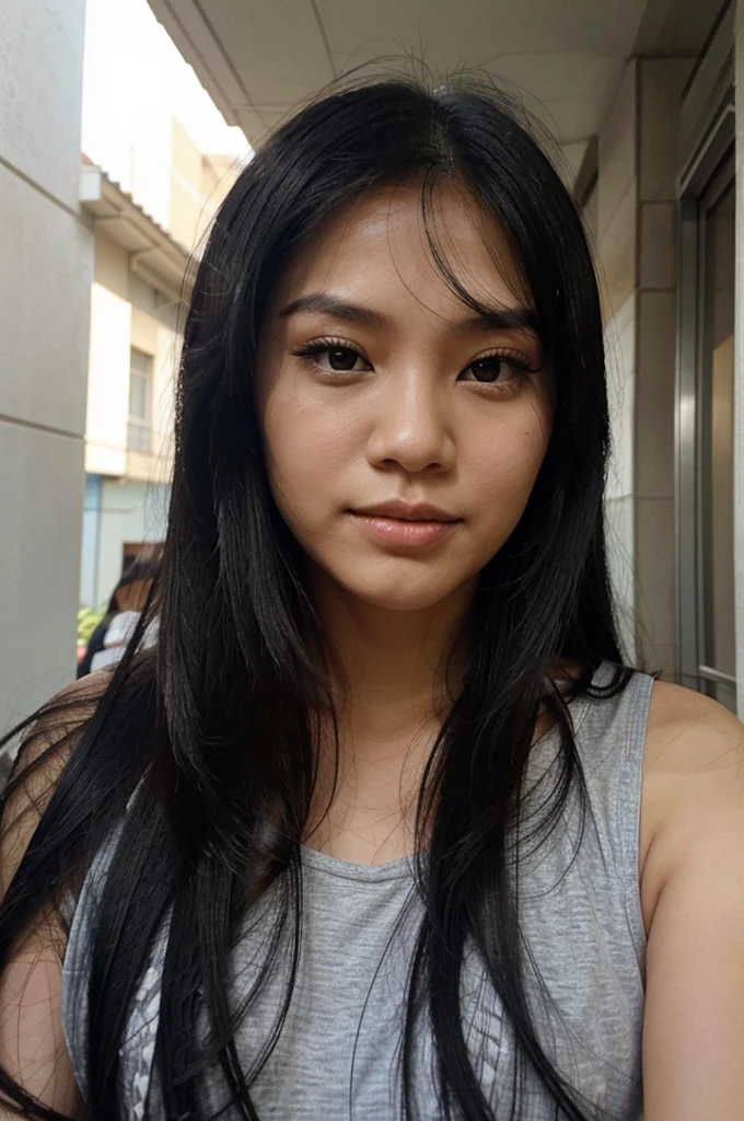 A photo of a Filipina woman with long black hair doing the number five hand gesture, her face is facing forward and she has no makeup on her face.