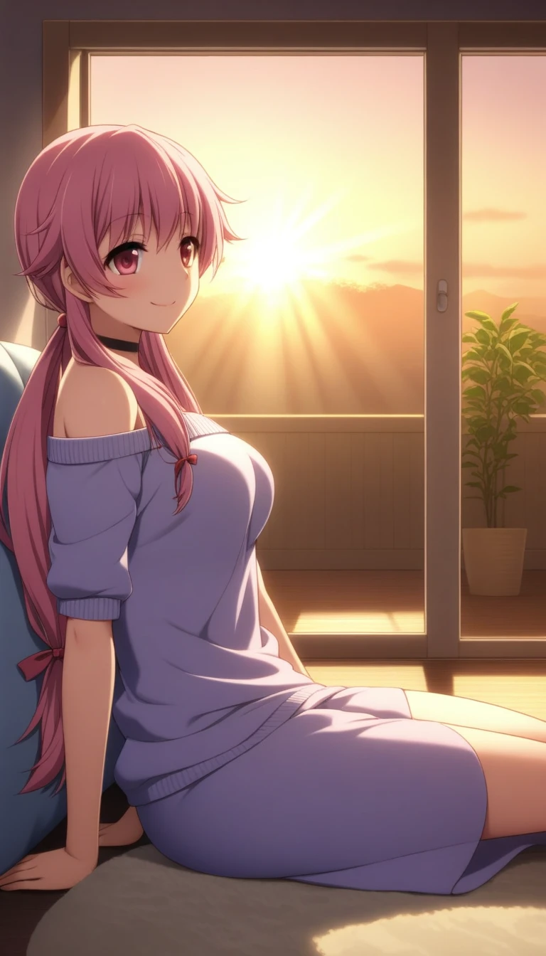 score_9, score_8_up, score_7_up, source_anime, yunogasai, yuno gasai, long hair, pink eyes, pink hair, smile, low twintails, In this scene, Yuno Gasai is depicted relaxing in her living room as the sun rises, casting a warm golden light through the window. Wearing an off-the-shoulder sweater and a black choker, she appears comfortable and at ease in her own space. This description paints a serene image of Yuno enjoying the early morning, perhaps reflecting on her thoughts or simply appreciating the beauty of the day's beginning. (large breasts:1.1), red eyes,