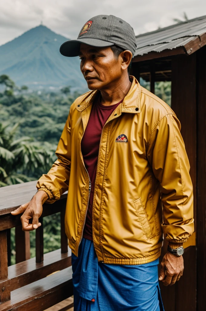 An Indonesian santri wearing a cap wearing a jacket and sarong 