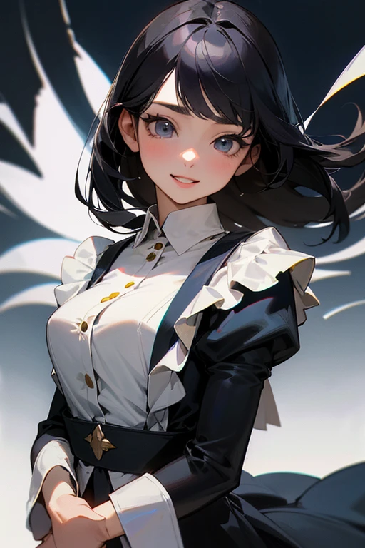 (Highest Resolution, clear_image) Highest quality, One Woman, alone, masterpiece, Very detailed, Semi-realistic, Black Hairのショートヘア, Black Hair, bangs, 18-year-old, mature, light blue uniform, uniform, 私ndoor Background, kind, Authoritative, Powerful, exquisite features, exquisite features、Eyelashes become longer、Showing teeth、smile😀、Maid clothes、Woman&#39;s finger、The image of the face remains the same、Sleeping on the sofa、Long Hair、Fluttering in the wind、Navy blue clothes、Long Hair、The tie is a red ribbon、