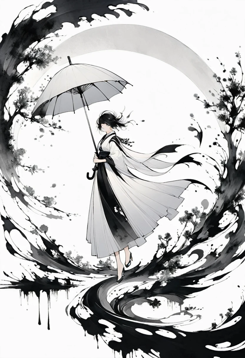 (Lots of white space:1.5)，(Lots of white space around:1.6), White background, simple, Minimalism, abstract,Freehand，Aesthetic，black and white，Ink Painting，antiquity，Umbrella girl，Falling Flowers