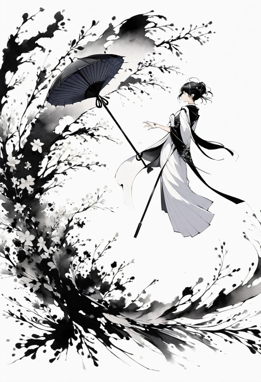 (Lots of white space:1.5),(Lots of white space around:1.6), White background, simple, Minimalism, abstract,Freehand,Aesthetic,black and white,Ink Painting,antiquity,Umbrella girl,Falling Flowers