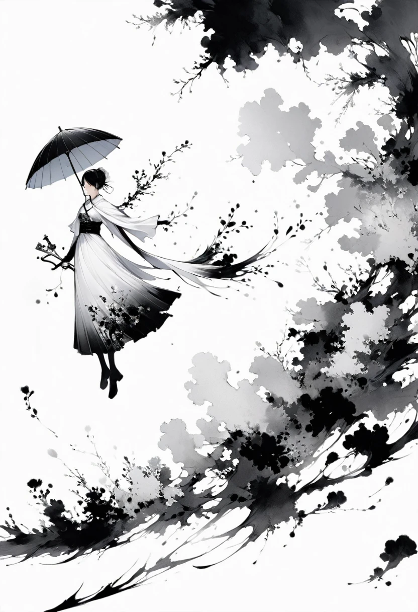 (Lots of white space:1.5),(Lots of white space around:1.6), White background, simple, Minimalism, abstract,Freehand,Aesthetic,black and white,Ink Painting,antiquity,Umbrella girl,Falling Flowers