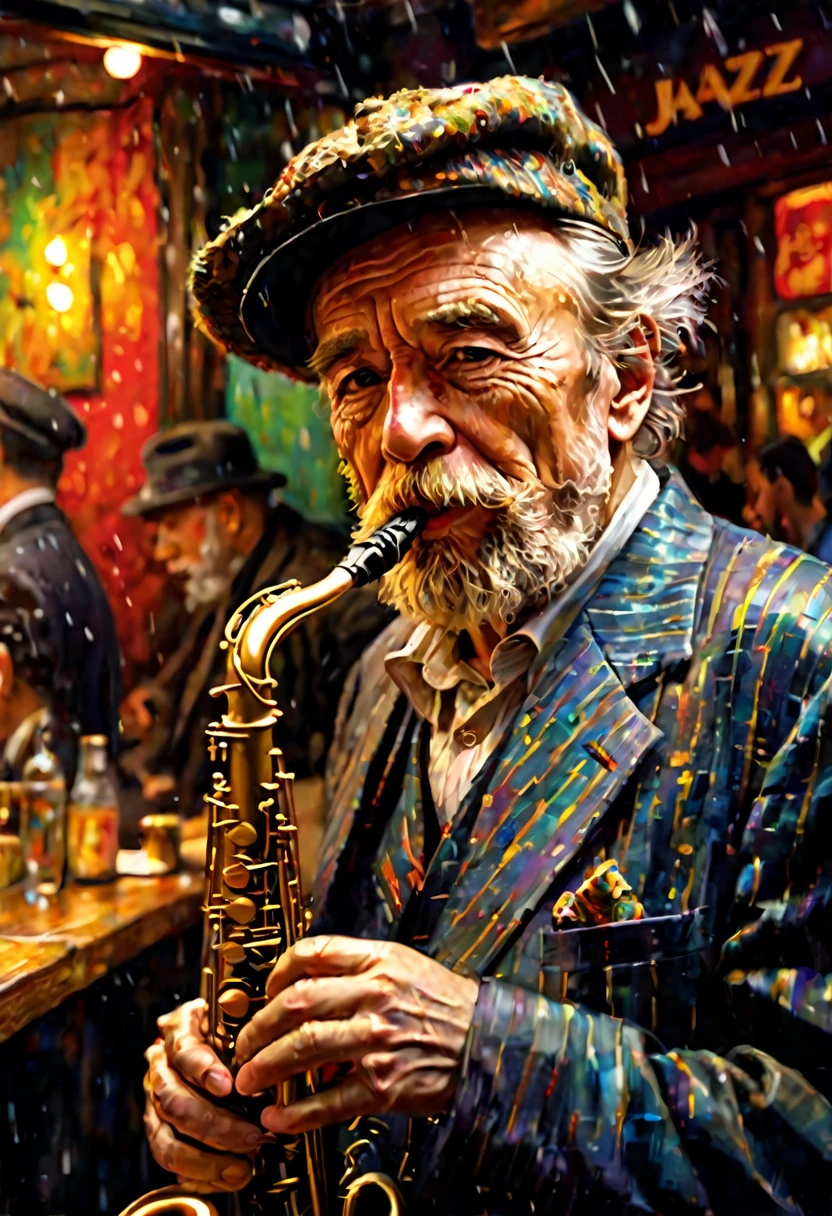 1 elderly person、Playing with pudebtdebted out cheeks、Saxophonist、Jazz Player、Deep Shadow、Oil painting style、Jazz bar background、 Dramatic lighting, Very realistic, 8K,
Insane Details, Complex, Bokeh, Shot with a 60mm lens, ISO300, debt/4, 1/200th,
Vibrant colors, Pino Daeni, Vincent van Gogh, Luis Royo, Frank Frazetta