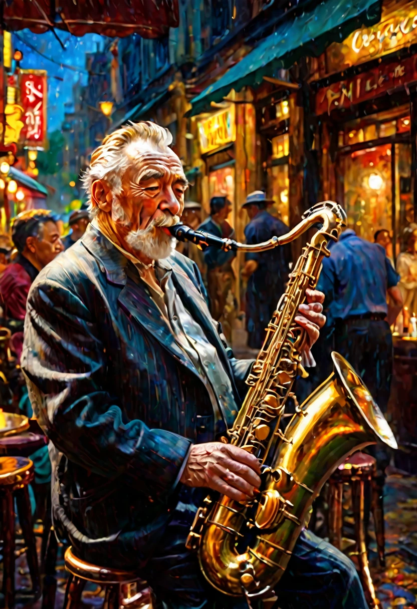 1 elderly person、Playing with pudebtdebted out cheeks、Saxophonist、Jazz Player、Deep Shadow、Oil painting style、Jazz bar background、 Dramatic lighting, Very realistic, 8K,
Insane Details, Complex, Bokeh, Shot with a 60mm lens, ISO300, debt/4, 1/200th,
Vibrant colors, Pino Daeni, Vincent van Gogh, Luis Royo, Frank Frazetta