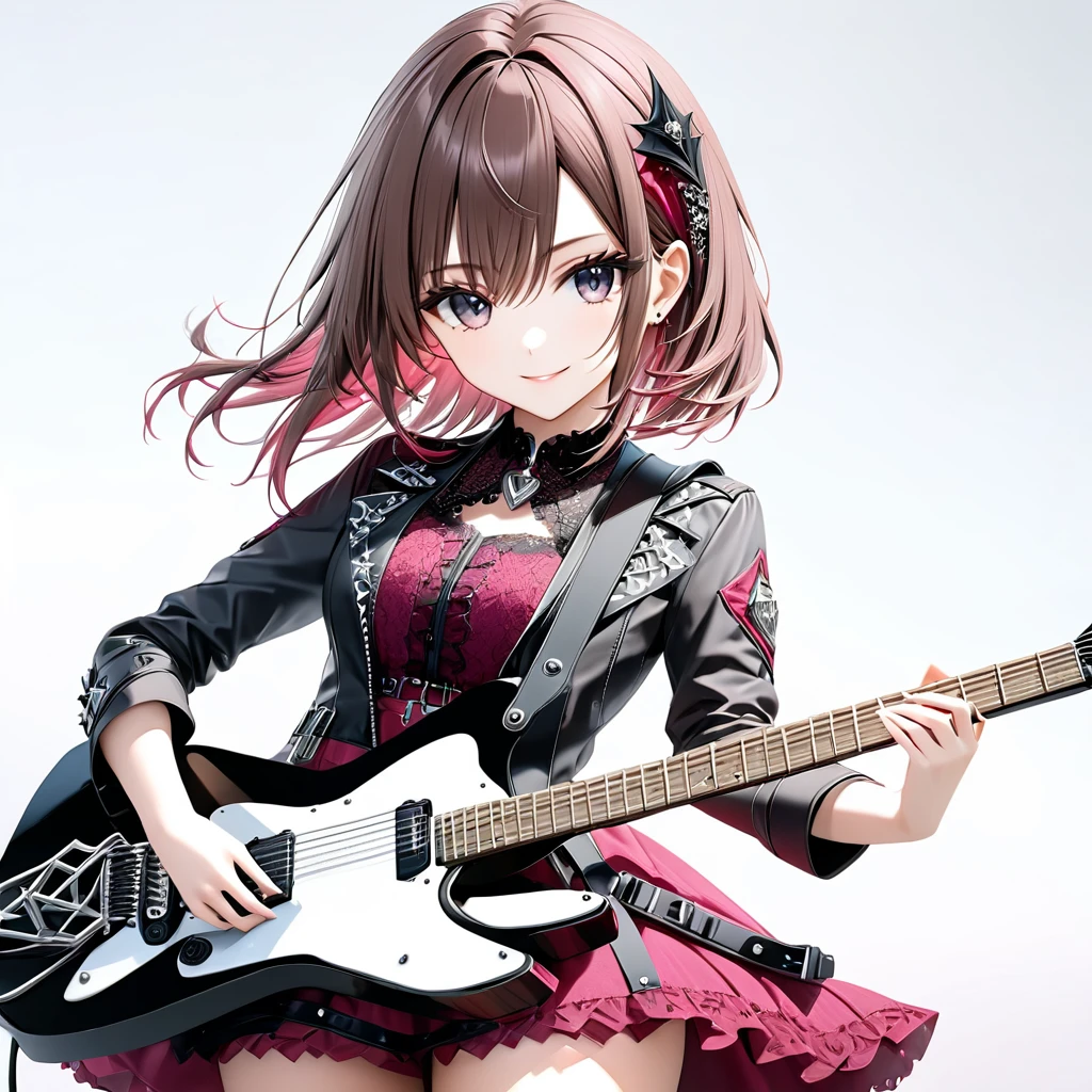 (((White background:1.2)))、(((The entire guitar is visible:1.5))),((masterpiece、Ultra HD、Masterpiece、4K)))、Perfect Style、Playing a white electric guitar、Scandinavian Gothic Metal Girl, Intense gaze into the camera, Intricate details, Highly detailed eyes, Brown bob hair、Pink Gothic Dress, Intricate details、smile、mini skirt、Dynamic Movement、(((The entire guitar is visible:1.5)))