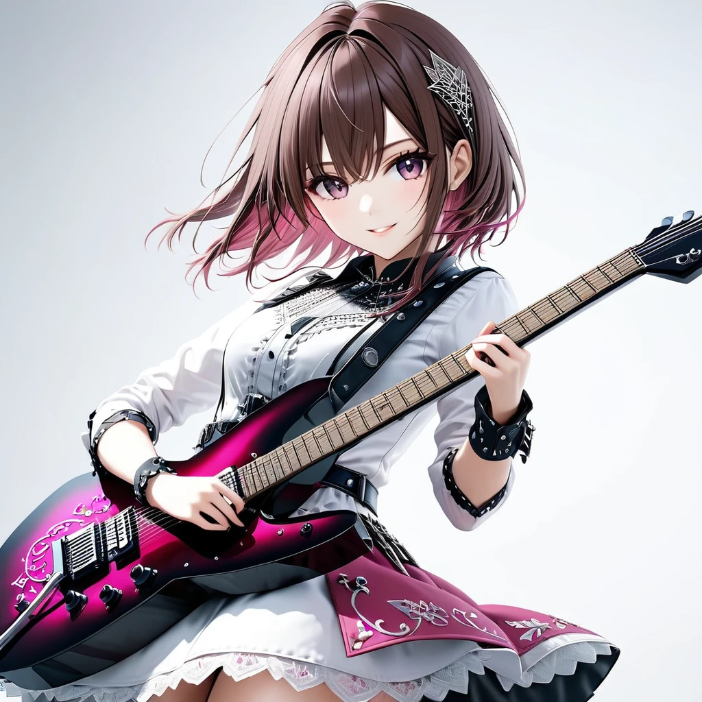 (((White background:1.2)))、(((The entire guitar is visible:1.5))),((masterpiece、Ultra HD、Masterpiece、４K)))、Perfect Style、Playing a white electric guitar、Scandinavian Gothic Metal Girl, Intense gaze into the camera, Intricate details, Highly detailed eyes, Brown bob hair、Pink Gothic Dress,  Intricate details、smile、mini skirt、Dynamic Movement、(((The entire guitar is visible:1.5)))