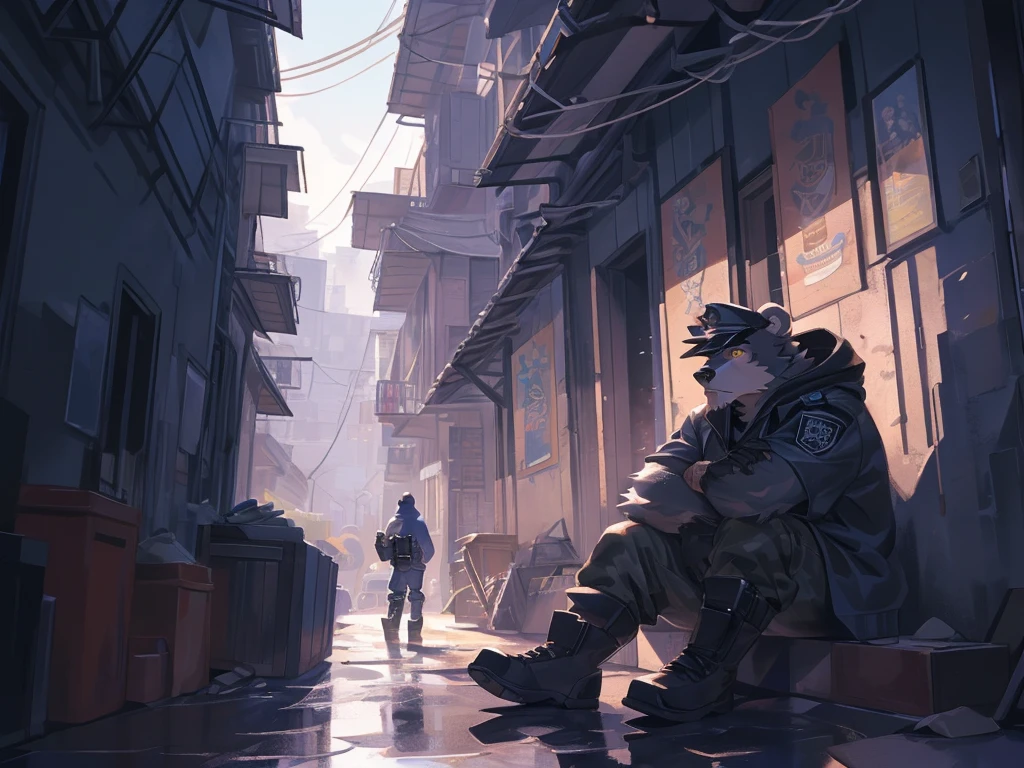 (masterpiece:1.2), best quality,pixiv,official art,perfect anatomy, (Ray tracing, light),solo, (1_male:1.3) , (muscle), (grey fur:1.4), (muscle bear), (beard:1.2), (gleaming golden eyes), bear tail, Thick black eyebrows, (open hooded parka) , (naked inside:1.2), cargo pants, (boots:1.2), (in the highfloor apartment: 1.3), iElusive Drug Lord, Chapo Guzman, Clad in Hoodie and Marlboro Hat, Wielding an Assault Rifle, Sitting atop a Saddle-Mounted Horse, Anime-inspired Render, Realistic Detailing, Expressive Eyes, Rough Textures, Shadowy Composition, Subdued Color Palette, (Outdoor Setting: 1.0), Smoke Curling from Weapon Barrel, (Dark Background: 0.9), Dramatic Lighting, (Chronically Wanted Criminal: 1.4), (Gritty and Intense: 1.1), (Determined)