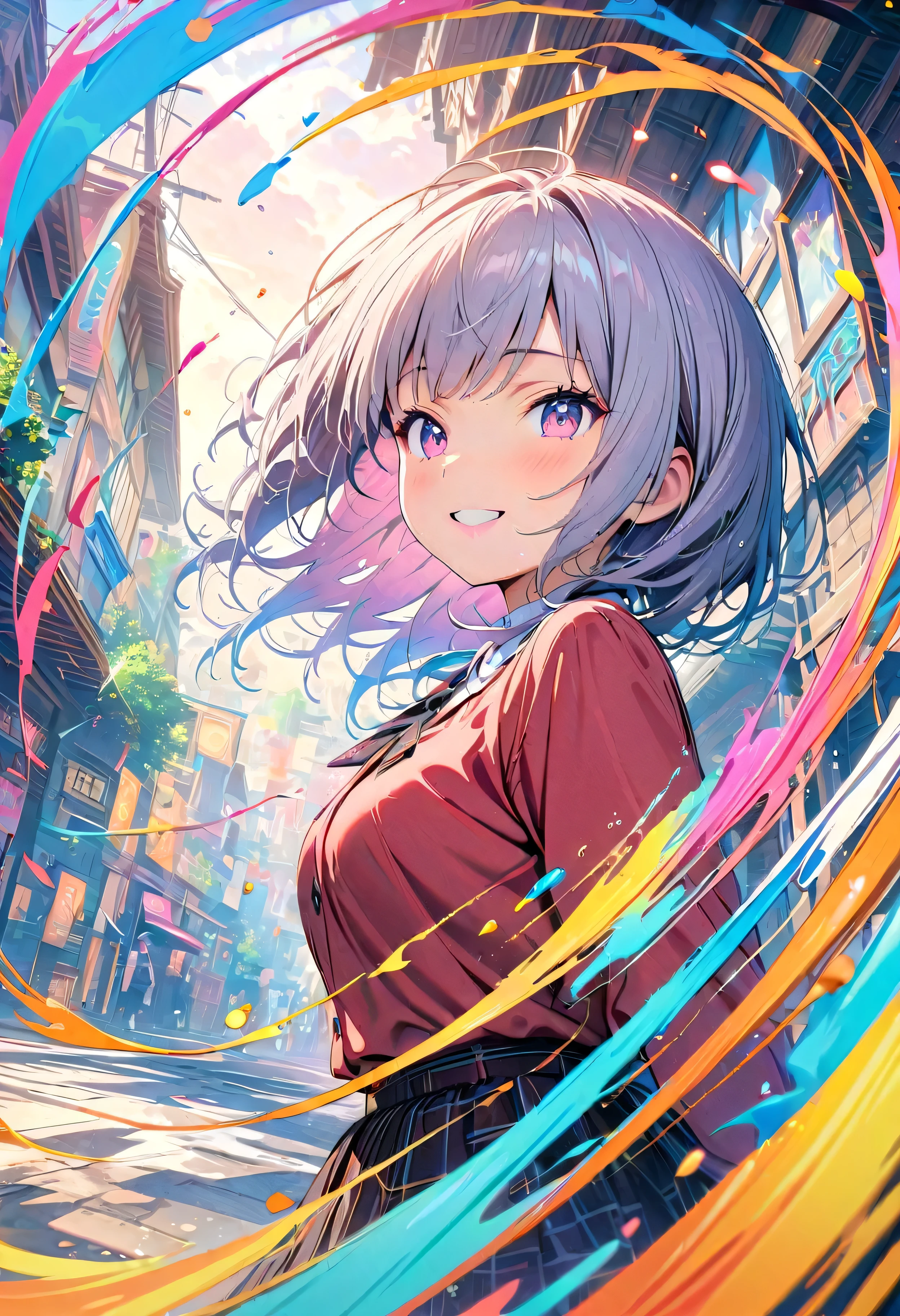(masterpiece, Highest quality, Official Art:1.2), (colorful), Perfect Anatomy, Looking at the audience, One Girl, alone, White Background, floating colorful water, Ultra-fine illustrations, highly detailed, Dynamic Angle, beautiful detailed, 8K, break smiling amidst the colorful scenes, (Highest quality, masterpiece, High resolution, detailed), Anime Style, (Shining Eyes, detailed美しい顔), break,Dynamic Angle, Whole body shot, pastel colour