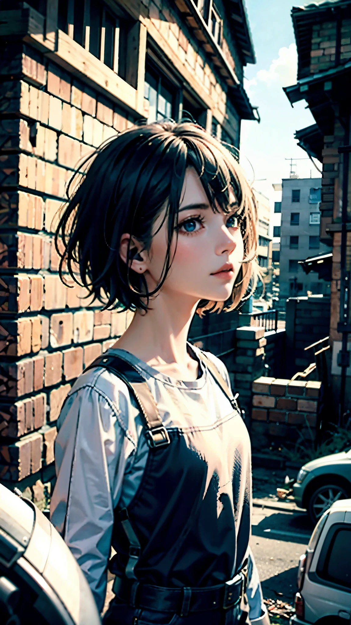 one-girl，Medium short hair，The expression is resolute，Delicate facial details，Blue pupil，（careful：1.3），Dilapidated ruined buildings，With a baseball bat，covert，Atmospheric lights，Center composition，Post-apocalypse，hyper-high detail，A high resolution，8k，Wallpapers、ミカサ、コスチューム