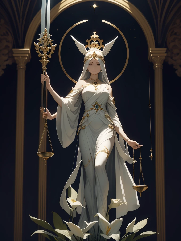 Imagine Themis as a regal figure of divine grace and wisdom, standing tall with a serene expression. Her eyes, hidden behind a white blindfold, signify impartiality and unbiased judgment. She wears a flowing gown that billows softly around her, symbolizing her connection to the heavens and the ethereal realm of justice. In one hand, she holds a perfectly balancing scale, delicately measuring the weight of evidence and truth. In her other hand, she gently grasps a sword, representing her authority to enforce justice and maintain order. Her presence exudes a sense of solemnity and solemn grace, embodying the timeless principles of fairness and righteousness.